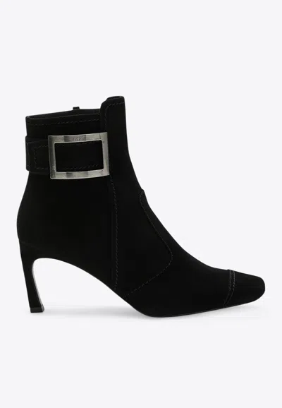 Roger Vivier Black Trompette Suede Ankle Boot In Black