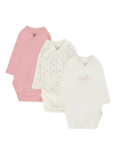 Petit Bateau Wrap-neck Heart-print Bodies (pack Of Three) In Pink