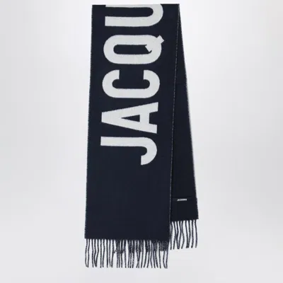 Jacquemus Navy Blue Wool Scarf With Logo In Blue
