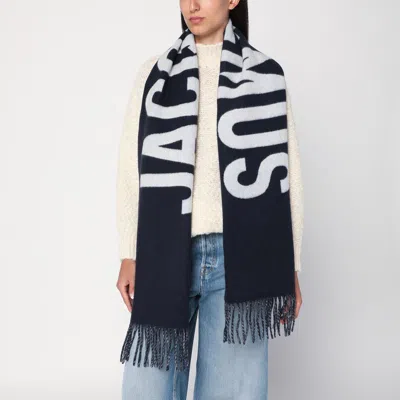 Jacquemus Navy Blue Wool Scarf With Logo In Blue