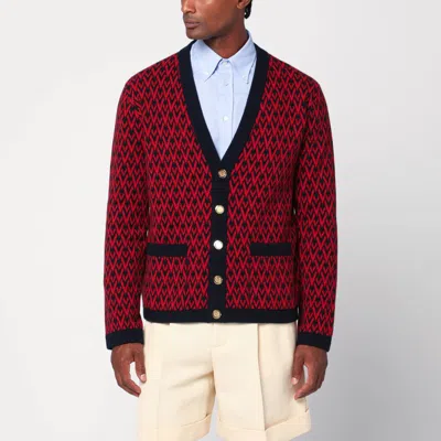 Valentino Toute La V Jacquard Wool Cardigan In Red