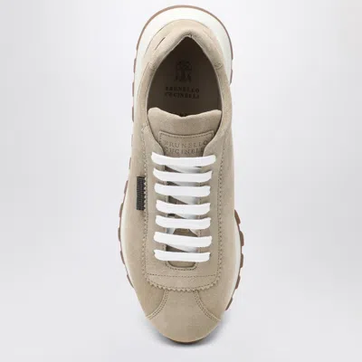 Brunello Cucinelli Suede Sneakers With Textured Platform Sole In Beige