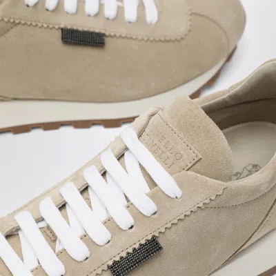 Brunello Cucinelli Suede Sneakers With Textured Platform Sole In Beige