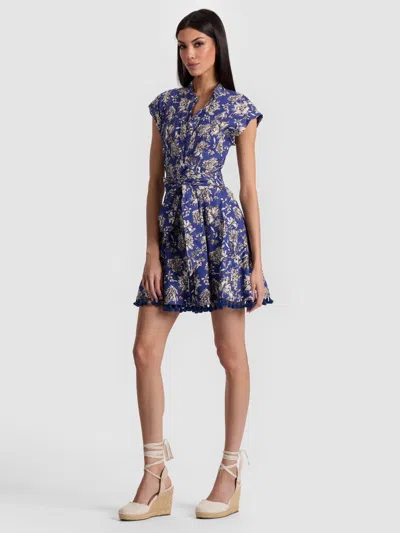 Alice And Olivia Lucy Cuffed Cap Sleeve Mini Shirt Dress Blooming Wild Indigo In Blue