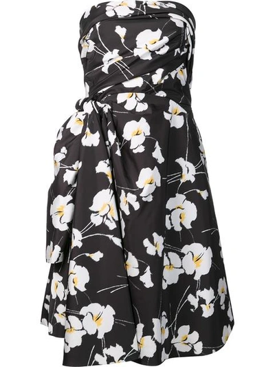 Oscar De La Renta Orchid-print Techno Taffeta Strapless Dress, Black