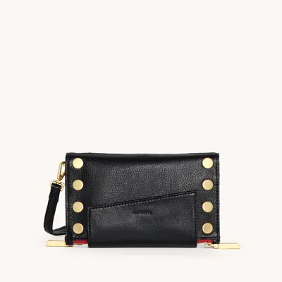 Hammitt Levy Leather Wallet Crossbody In Black Brushed Gold Red Zip