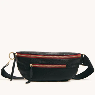Hammitt Charles Crossbody Black Brushed Gold Red Zip Med