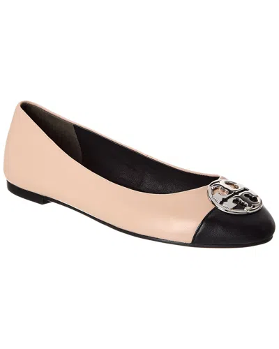 Tory Burch White Ballet Flats With Bow Detail And Contrasting Toe In Leather In Pink