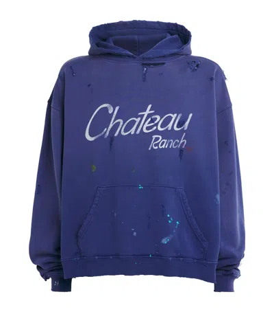 Gallery Dept. Chateau Ranch Distressed Paint-splattered Logo-print Supima Cotton-jersey Hoodie In Blue