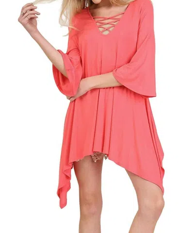 Umgee Crossed Bell Sleeve Asymmetrical Tunic In Coral In Pink