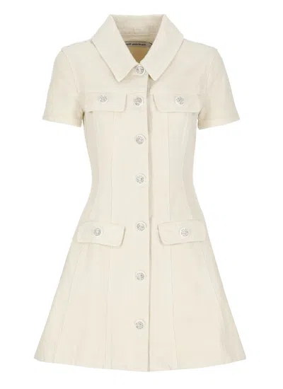 Self-portrait Structured Beige Dress With Classic Collar And Flap Pockets In White