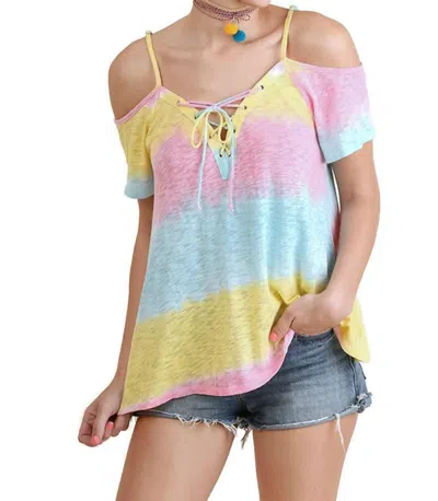 Umgee Lace Up Cold Shoulder Color Block Top In Lemon Mix In Multi