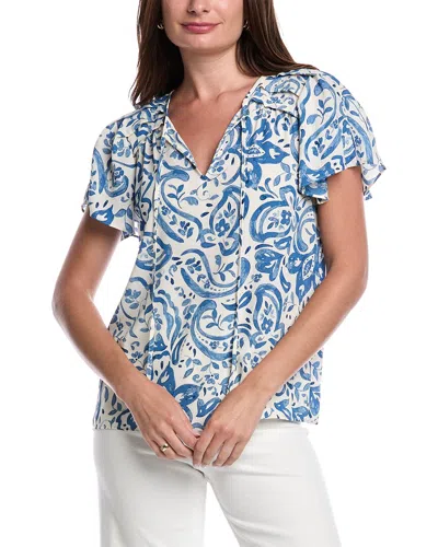 Jones New York Floral Pleated Shoulder Tie Neck Top In Multi