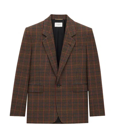 Saint Laurent Wool Check Single-breasted Jacket With Notched Collar In Brown
