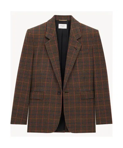 Saint Laurent Wool Check Single-breasted Jacket With Notched Collar In Brown
