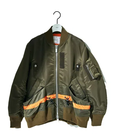 Sacai Short Jacket With Khaki Base And Orange Stripe Detail In Gray