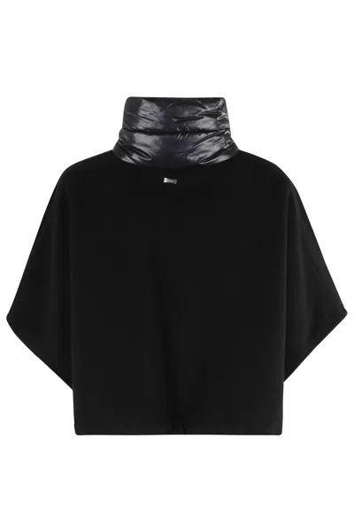 Herno Resort Poncho In Wool And Cashemre With Ultralight Nylon Details In Black