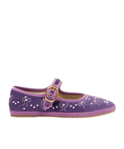 Valentino Endouce Bow Velvet Mary Jane Ballerina Flats In Purple