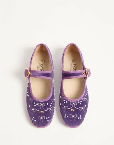 Valentino Endouce Bow Velvet Mary Jane Ballerina Flats In Purple