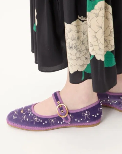 Valentino Endouce Bow Velvet Mary Jane Ballerina Flats In Purple