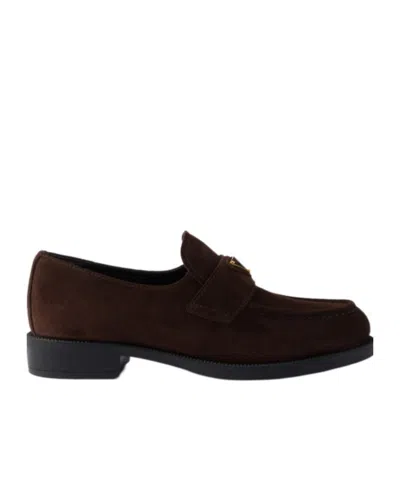 Prada Suede Loafers With Chunky Heel And Round Toe In Brown