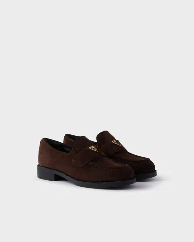 Prada Suede Loafers With Chunky Heel And Round Toe In Brown