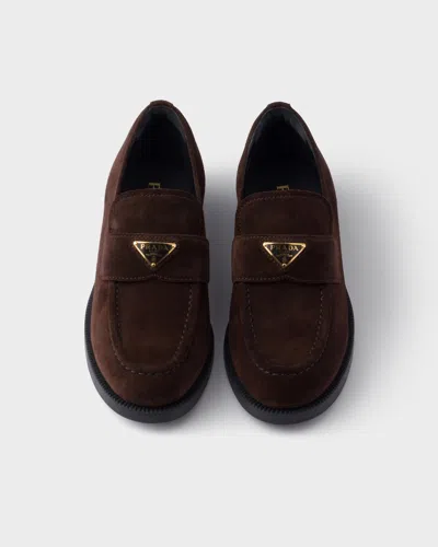 Prada Suede Loafers With Chunky Heel And Round Toe In Brown