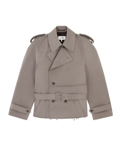 Mm6 Maison Margiela Stretch Cotton Trench Coat With Belted Waist In Gray