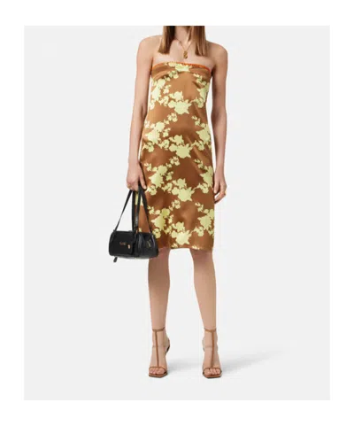 Versace Floral Strapless Silk Satin Knee-length Dress In Brown