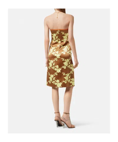 Versace Floral Strapless Silk Satin Knee-length Dress In Brown