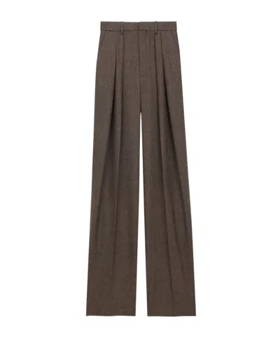 Saint Laurent Wide-leg Pants In Herringbone Wool In Brown