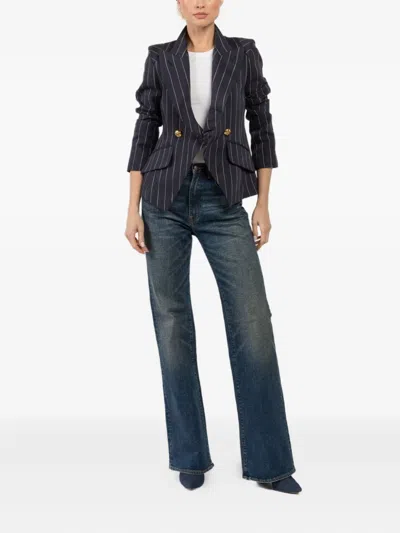 Smythe Pinstripe Double-breasted Fitted Blazer In Blue