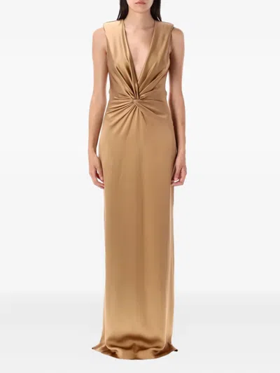 Tom Ford Deep V Neck Gown In Brown