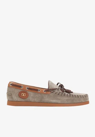 Valentino Garavani Palm Avenue Crust Leather Boat Shoes In Brown