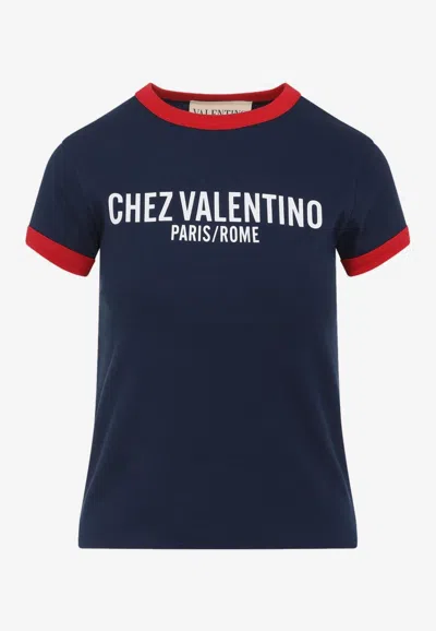 Valentino Crewneck Short Sleeves Contrast Trim Tops In Blue