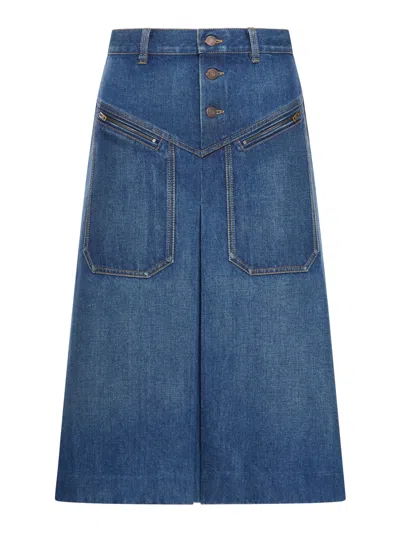 Chloé Button-front Denim Midi Skirt With Patch Pockets In Blue