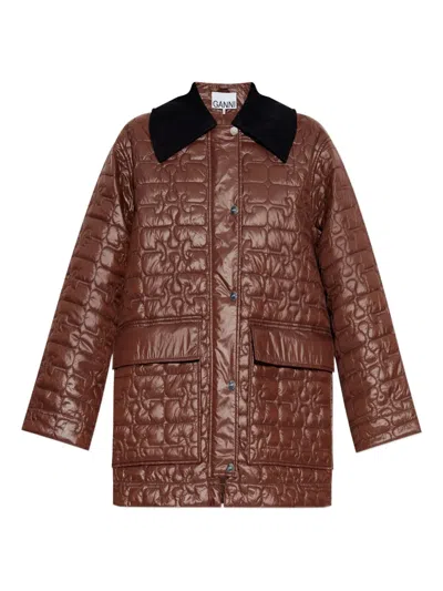 Ganni Shiny Quilt Midi Jacket In Brown