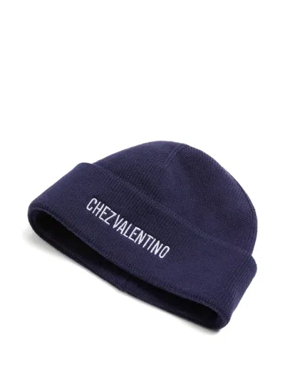 Valentino Garavani Cotton And Wool Blend Beanie With Turn-up Brim In Blue