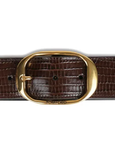 Tom Ford Embossed-leather Oval-buckle Belt In Brown