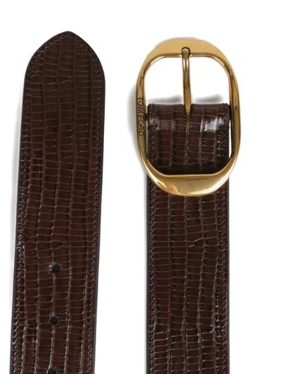 Tom Ford Embossed-leather Oval-buckle Belt In Brown
