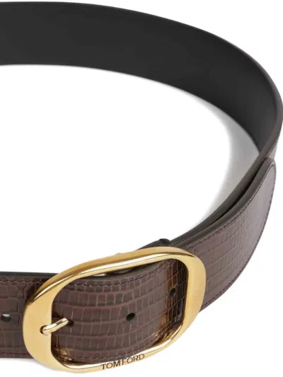 Tom Ford Embossed-leather Oval-buckle Belt In Brown