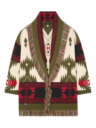 Alanui Icon Jacquard Fringe Cardigan In Green