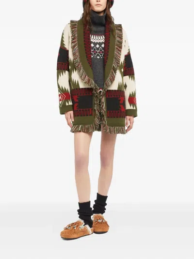 Alanui Icon Jacquard Fringe Cardigan In Green