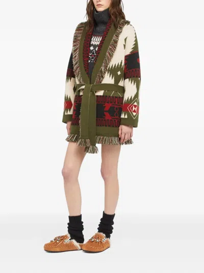 Alanui Icon Jacquard Fringe Cardigan In Green