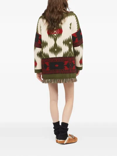 Alanui Icon Jacquard Fringe Cardigan In Green