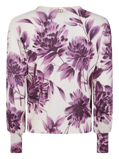 Twinset Twin-set Floral Pattern Viscose Sweater With Gathered Cuffs In White