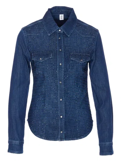 Liu •jo Denim Shirt With Crystals And Studs In Blue