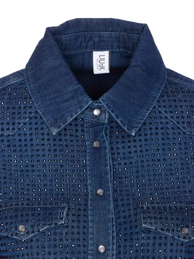 Liu •jo Denim Shirt With Crystals And Studs In Blue