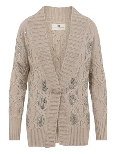 Ermanno Scervino Cable Knit Cardigan Crystal Embellishments In Neutral