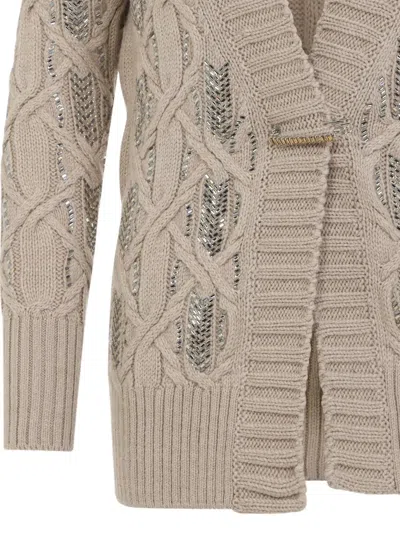 Ermanno Scervino Cable Knit Cardigan Crystal Embellishments In Neutral